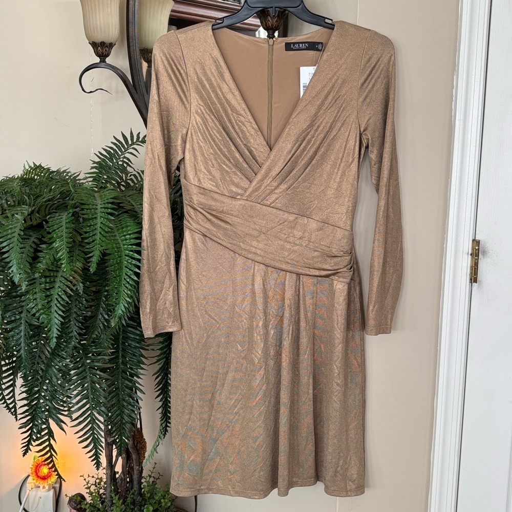 Brand New Lauren Ralph Lauren Long Sleeve Gold Metallic Jersey Cocktail Dress